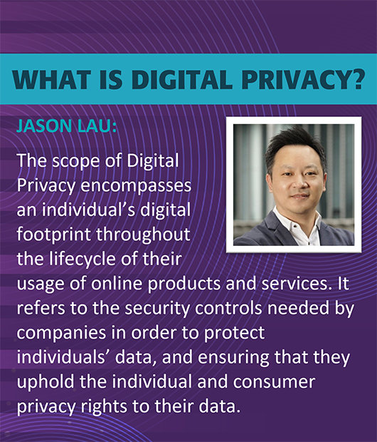 What is digital privacy by Jason Lau. The scope of Digital Privacy encompasses an individual's digital footprint throughout the lifecycle of their usage of online products and services. It refers to the security controls needed by companies in order to protect individuals' data, and ensuring that they uphold the individual and consumer privacy rights to their data.