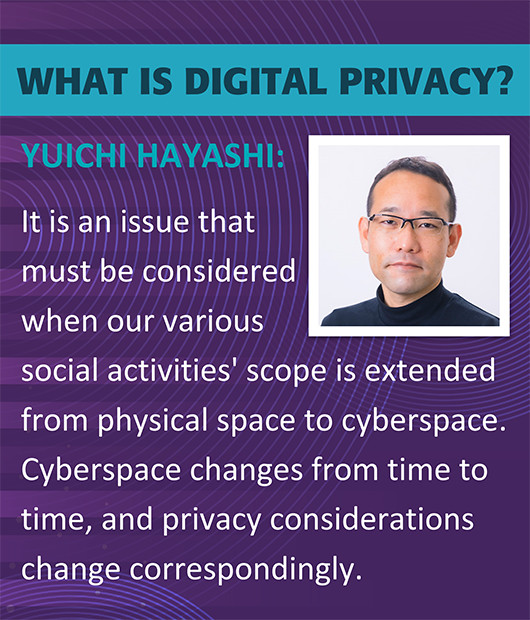 What is digital privacy by Yuichi Hayashi. It is an issue that must be considered when our various social activities' scope is extended from physical space to cyberspace. Cyberspace changes from time to time, and privacy considerations change correspondingly.