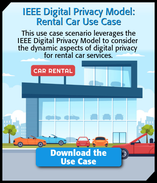 IEEE Digital Privacy Model: Rental Car Use Case. This use case scenario leverages the IEEE Digital Privacy Model to consider the dynamic aspects of digital privacy for rental car services.